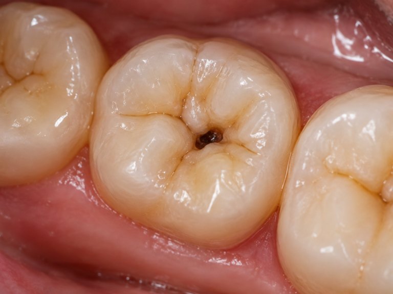 A close-up of a molar with a small dark cavity in its biting surface
