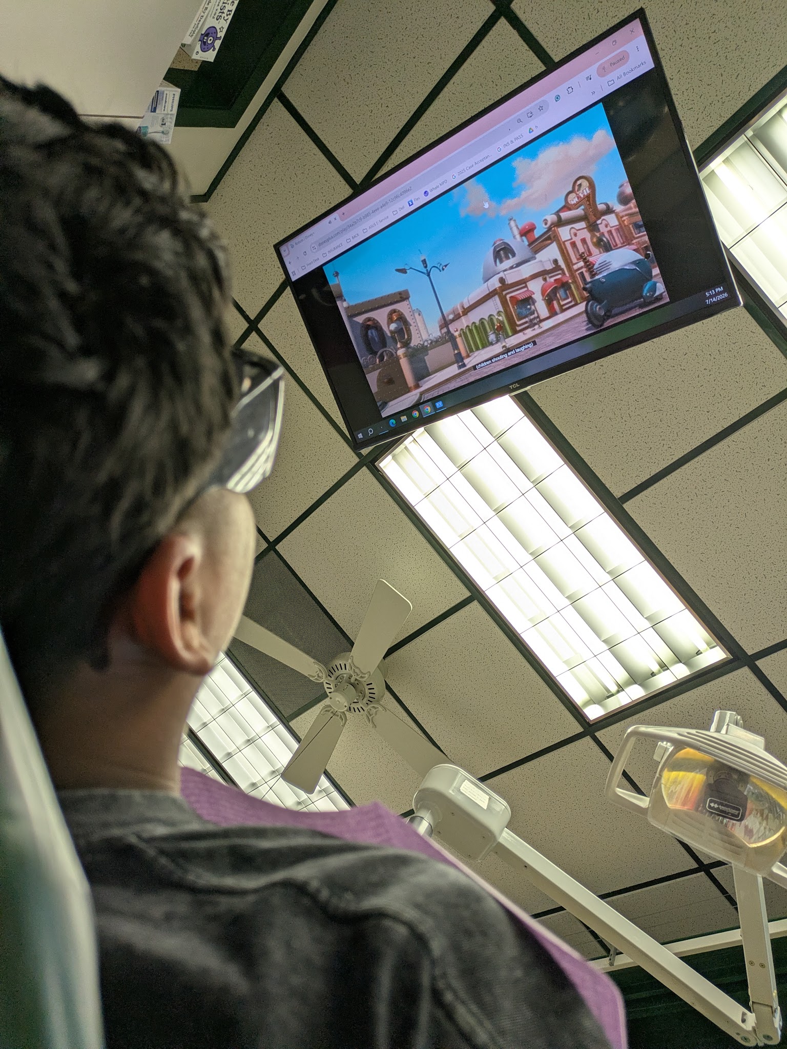The view from the chair: a screen on the ceiling