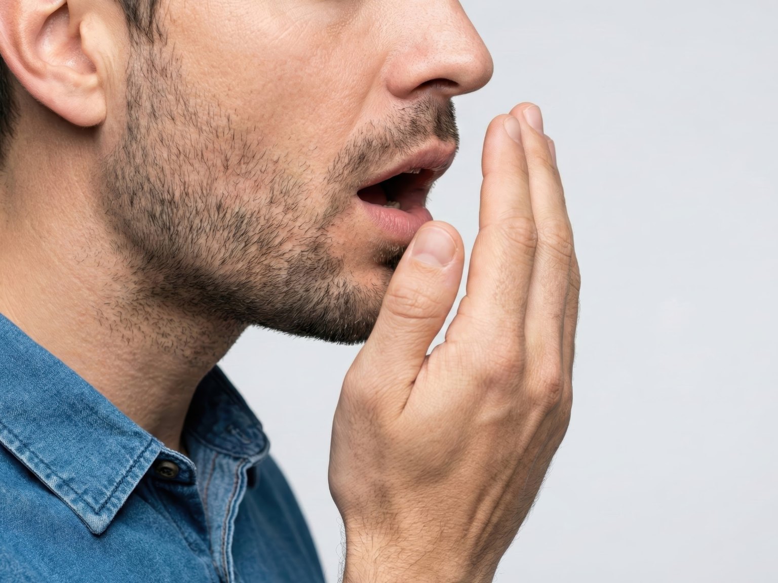 A man cupping his hand in front of his mouth to check his breath