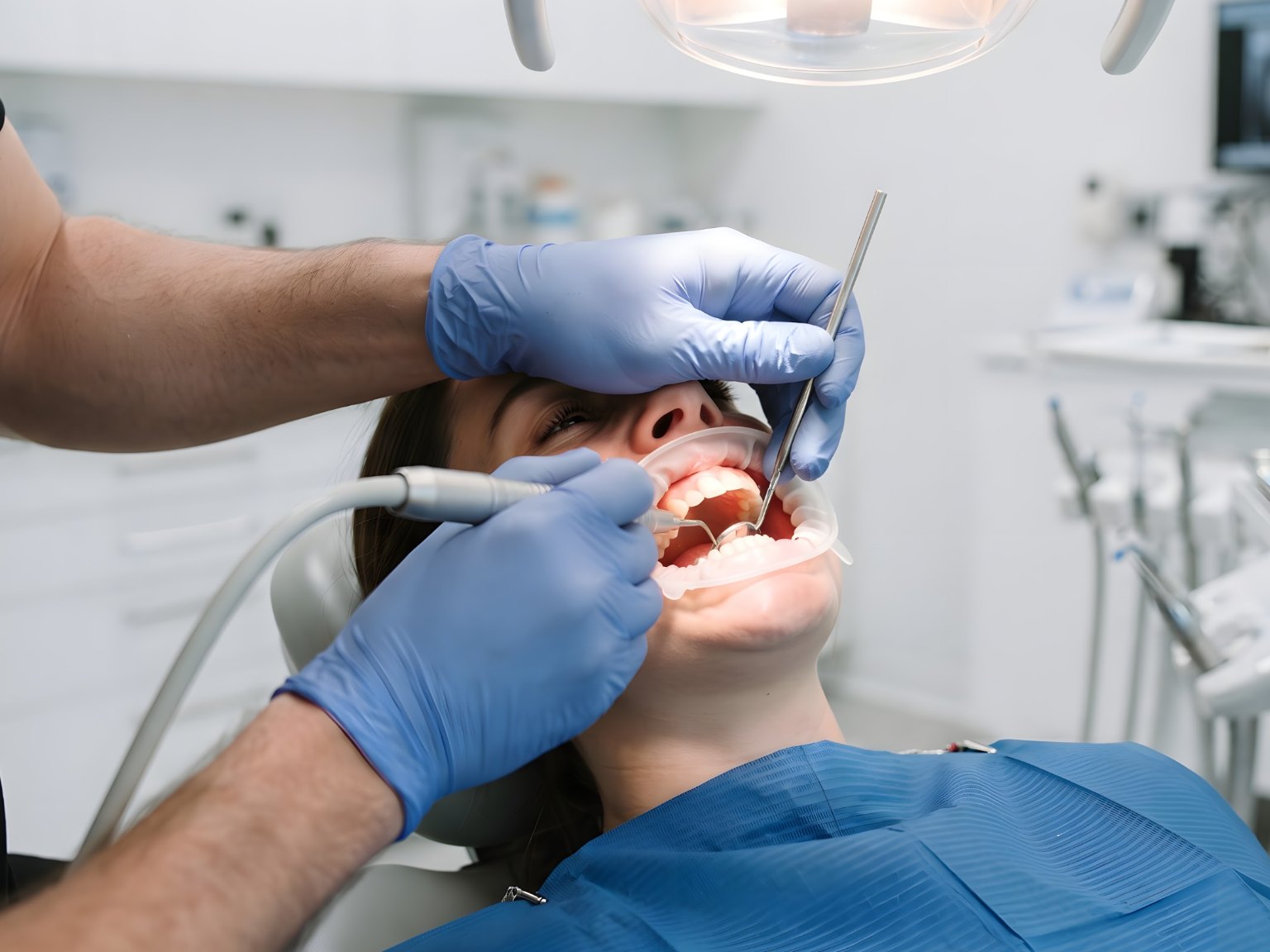 A dentist working with a mirror and handpiece in a patient's open mouth held by a cheek retractor