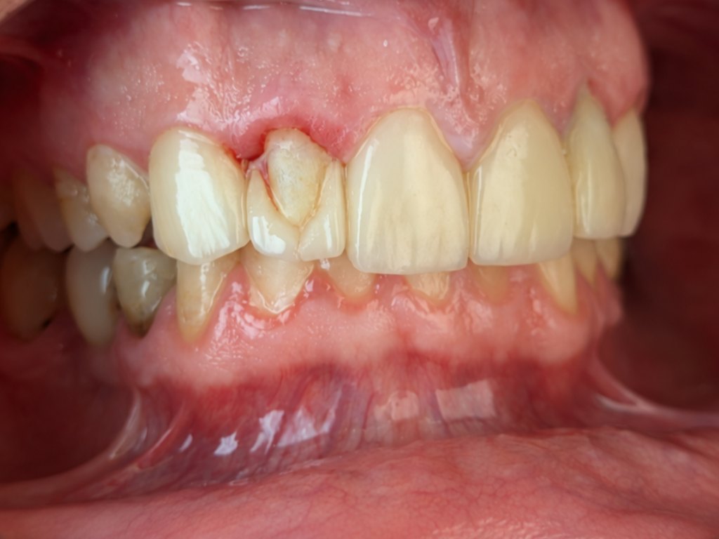 An upper front tooth broken off close to the gum, too little left above the gumline to hold a crown