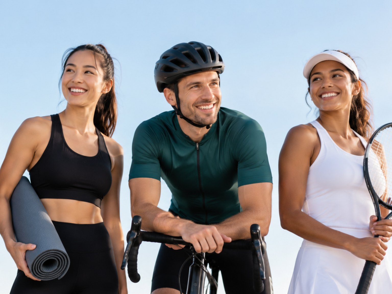 Three smiling athletes outdoors: a cyclist, a woman with a yoga mat and a tennis player