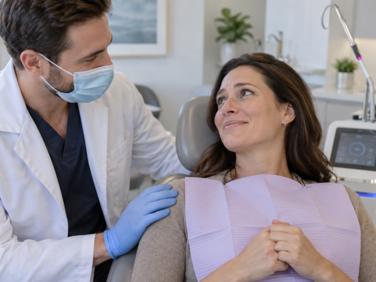 A dentist comforting a nervous patient in the chair with a hand on her shoulder