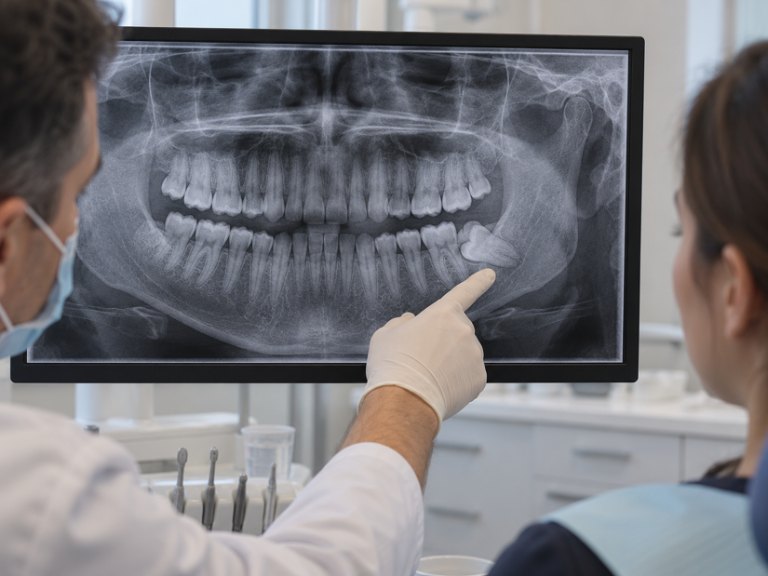 A dentist pointing out a sideways wisdom tooth on a panoramic x-ray to a patient