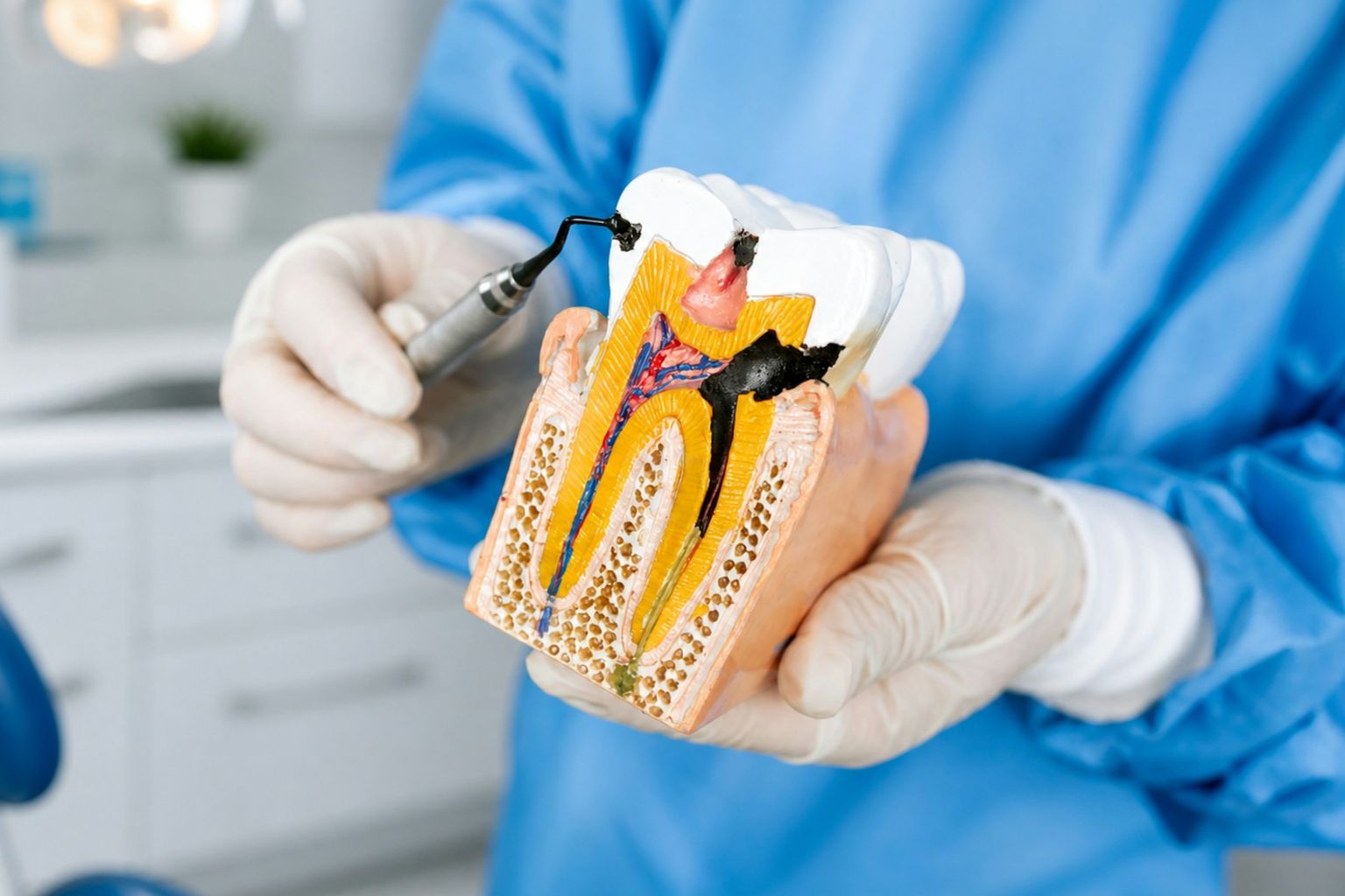 A dentist holding a cutaway model of a tooth