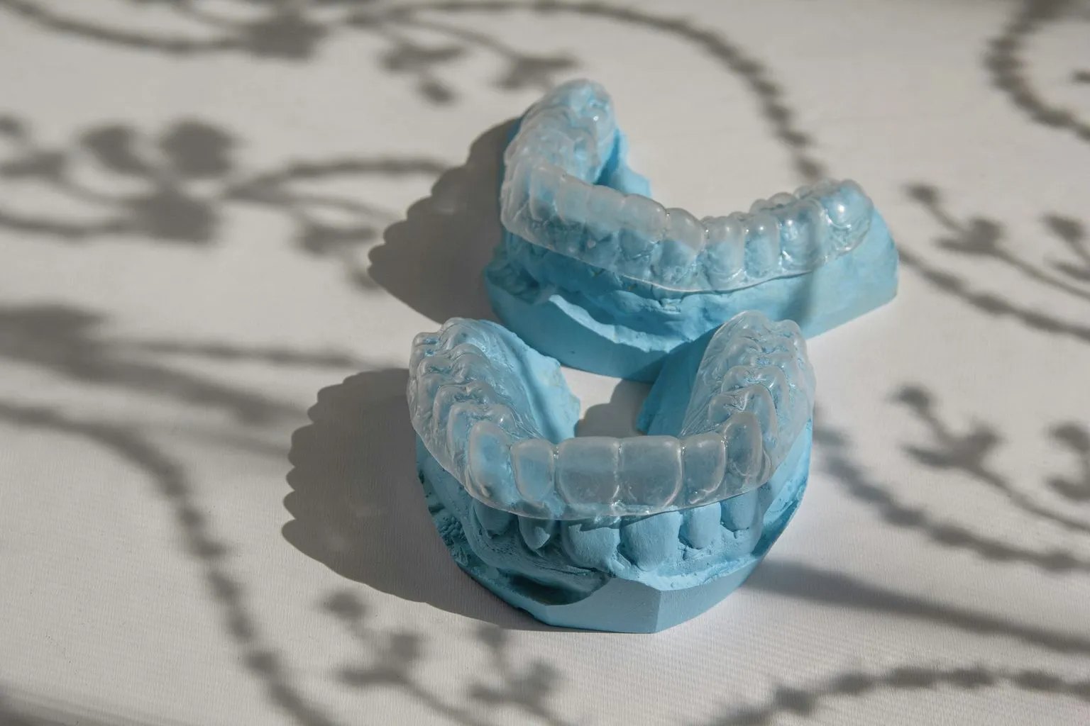 Two clear guards fitted over blue dental models in dappled light