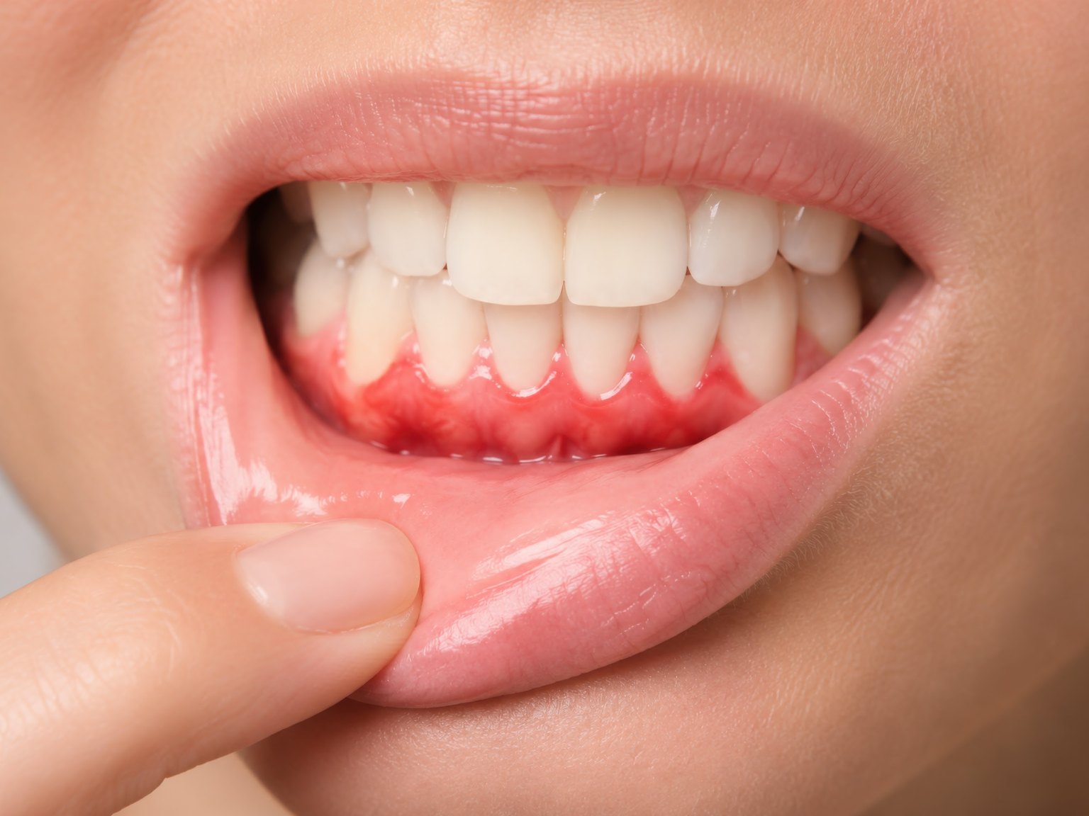A lip pulled down to show red, inflamed gums pulling away from the lower teeth