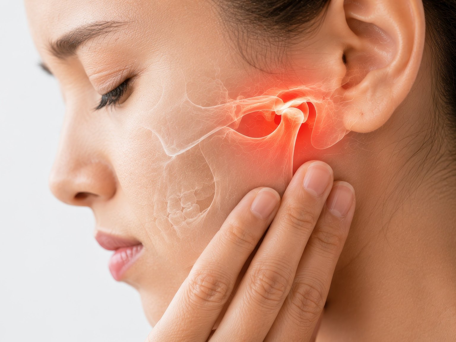 A woman pressing her fingers in front of her ear, the jaw joint highlighted in red