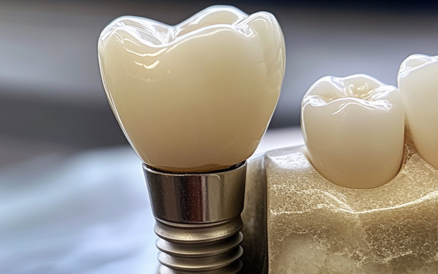 An implant crown shaped and shaded to match the natural teeth beside it