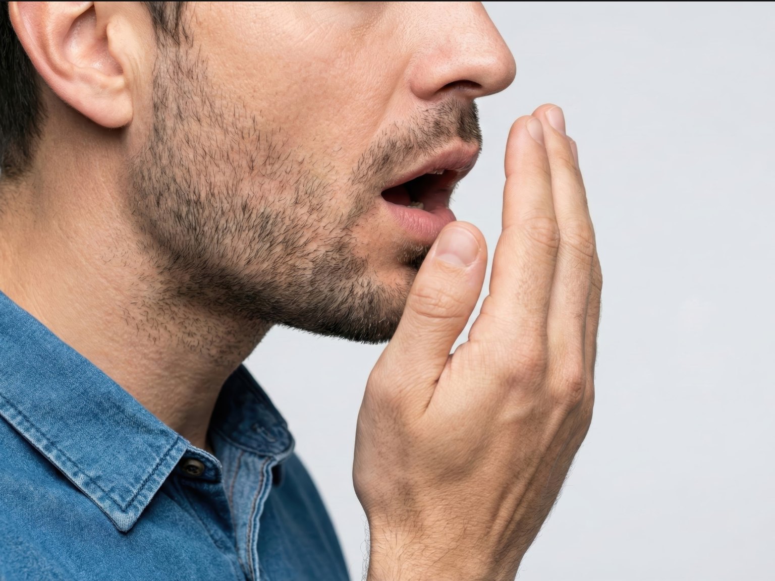 A man cupping his hand in front of his mouth to check his breath