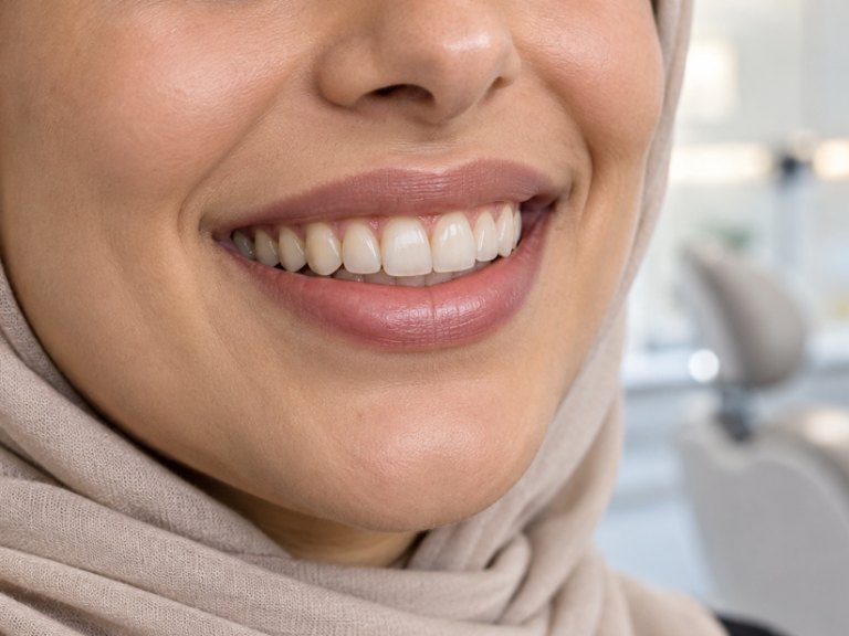 A woman in a headscarf smiling in the treatment room