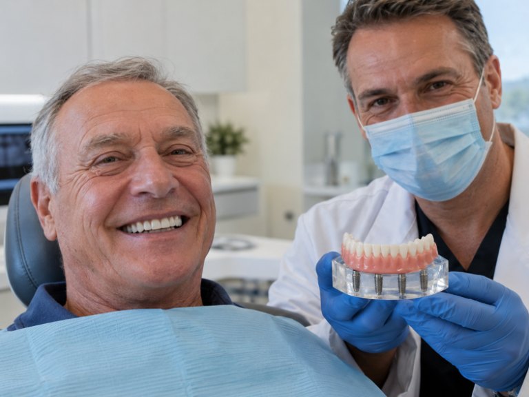 A smiling older patient beside a dentist holding a full-arch implant model