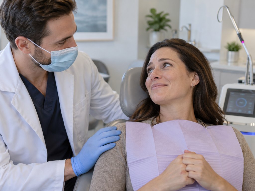 A dentist resting a gloved hand on the shoulder of a nervous patient in the chair