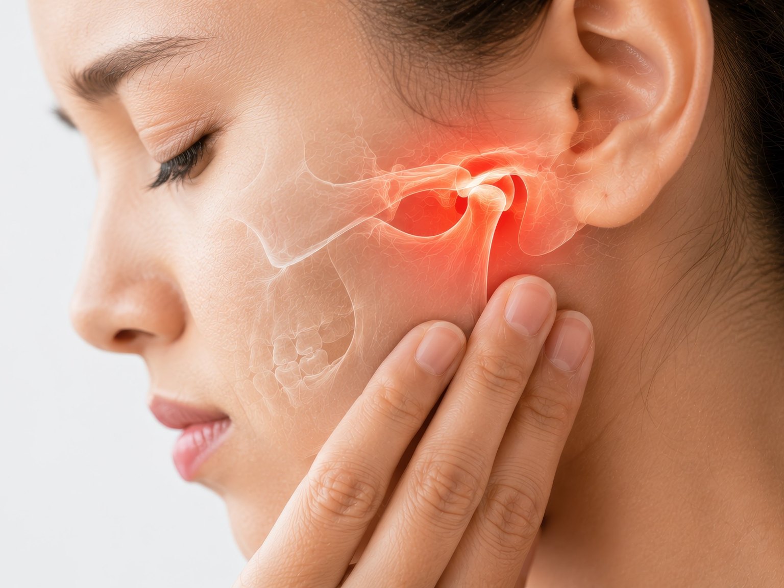 A woman touching her jaw, with the jaw joint highlighted in red