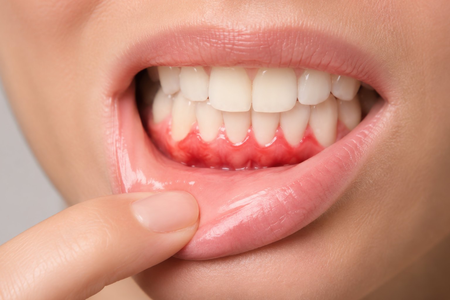 Close-up of a lip pulled down to show red, inflamed gums along the lower teeth