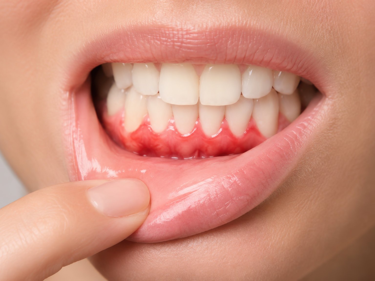 A finger pulling down a lip to show red, inflamed gums along the lower teeth