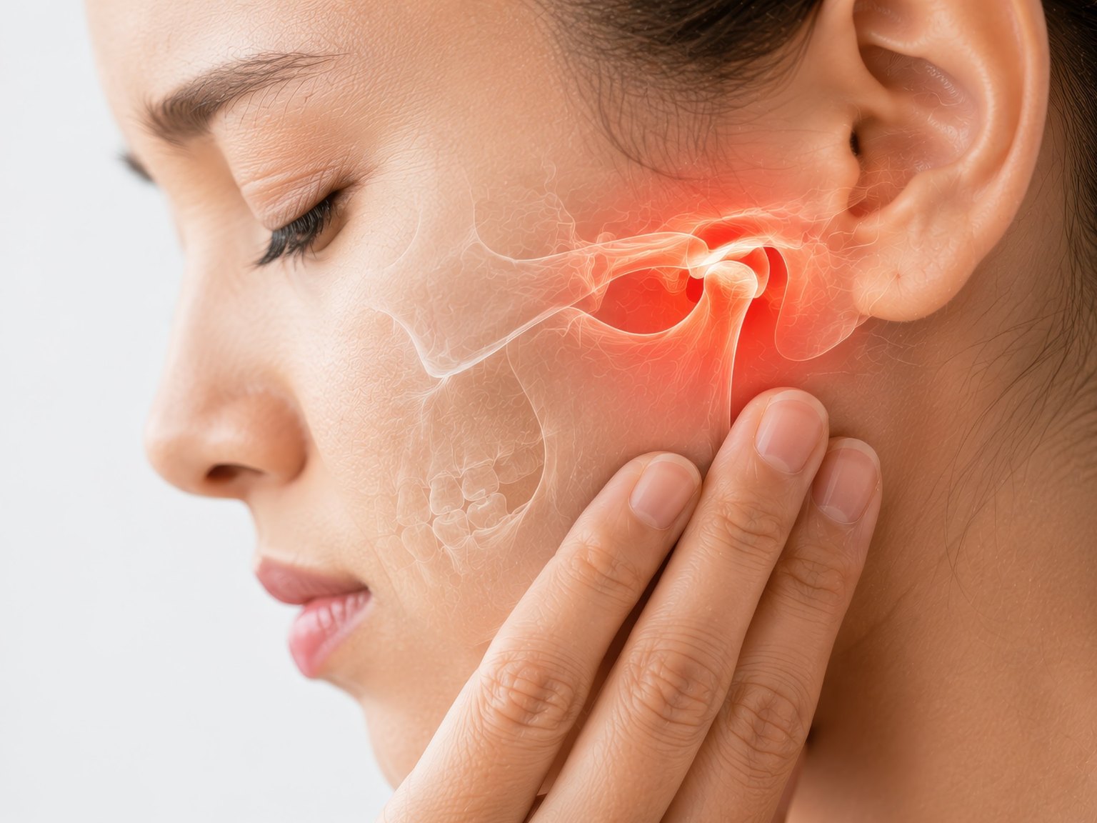 A woman pressing her jaw, with the jaw joint drawn glowing red under the skin