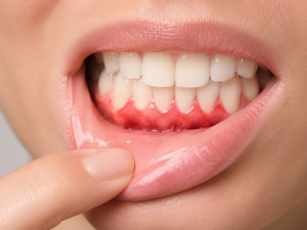 Inflamed lower gums, the lip held back