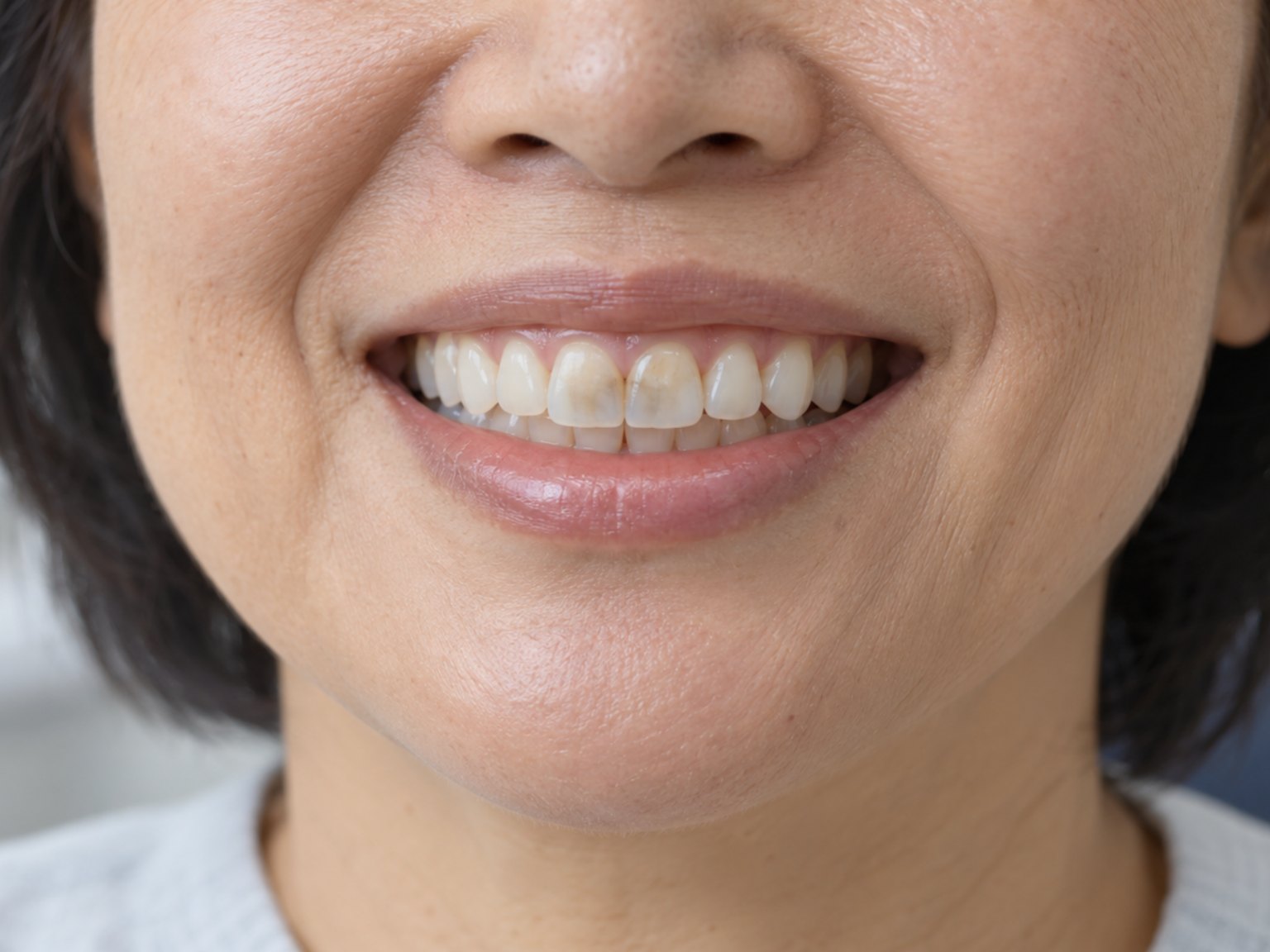 A smiling woman whose two front teeth carry brown stains