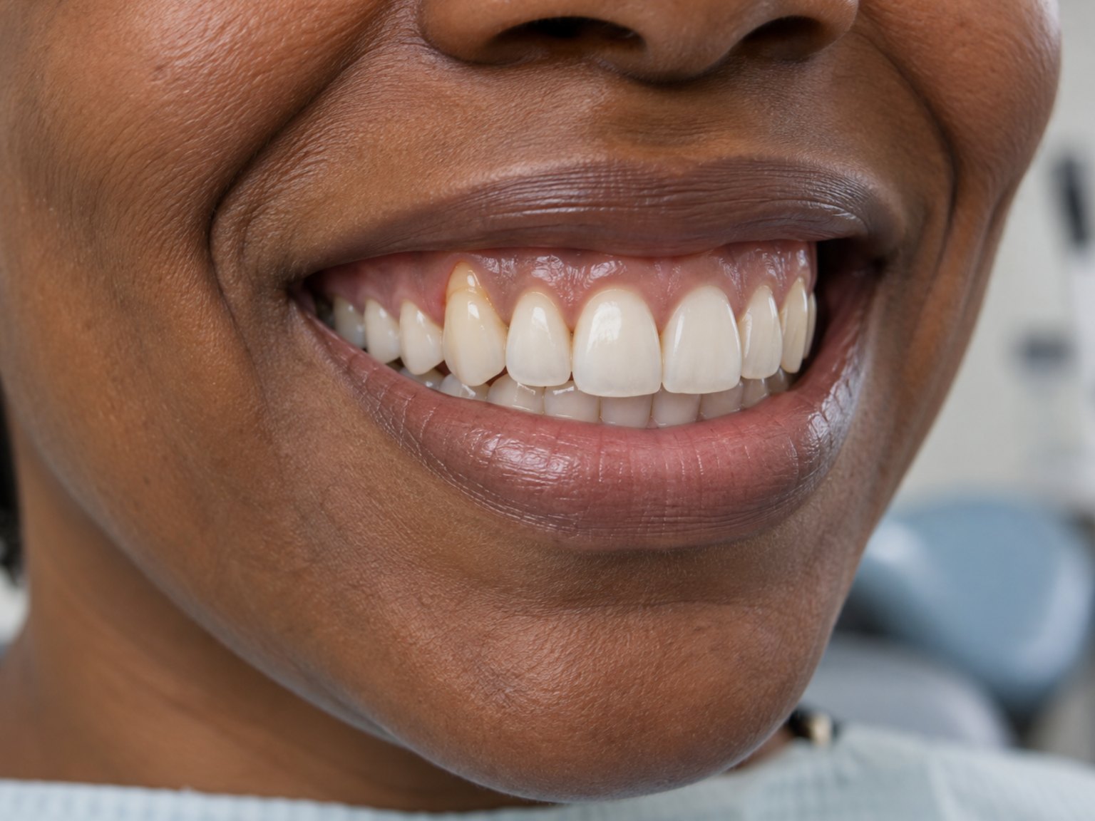A smile where the gum has pulled back from one upper tooth, leaving its root showing