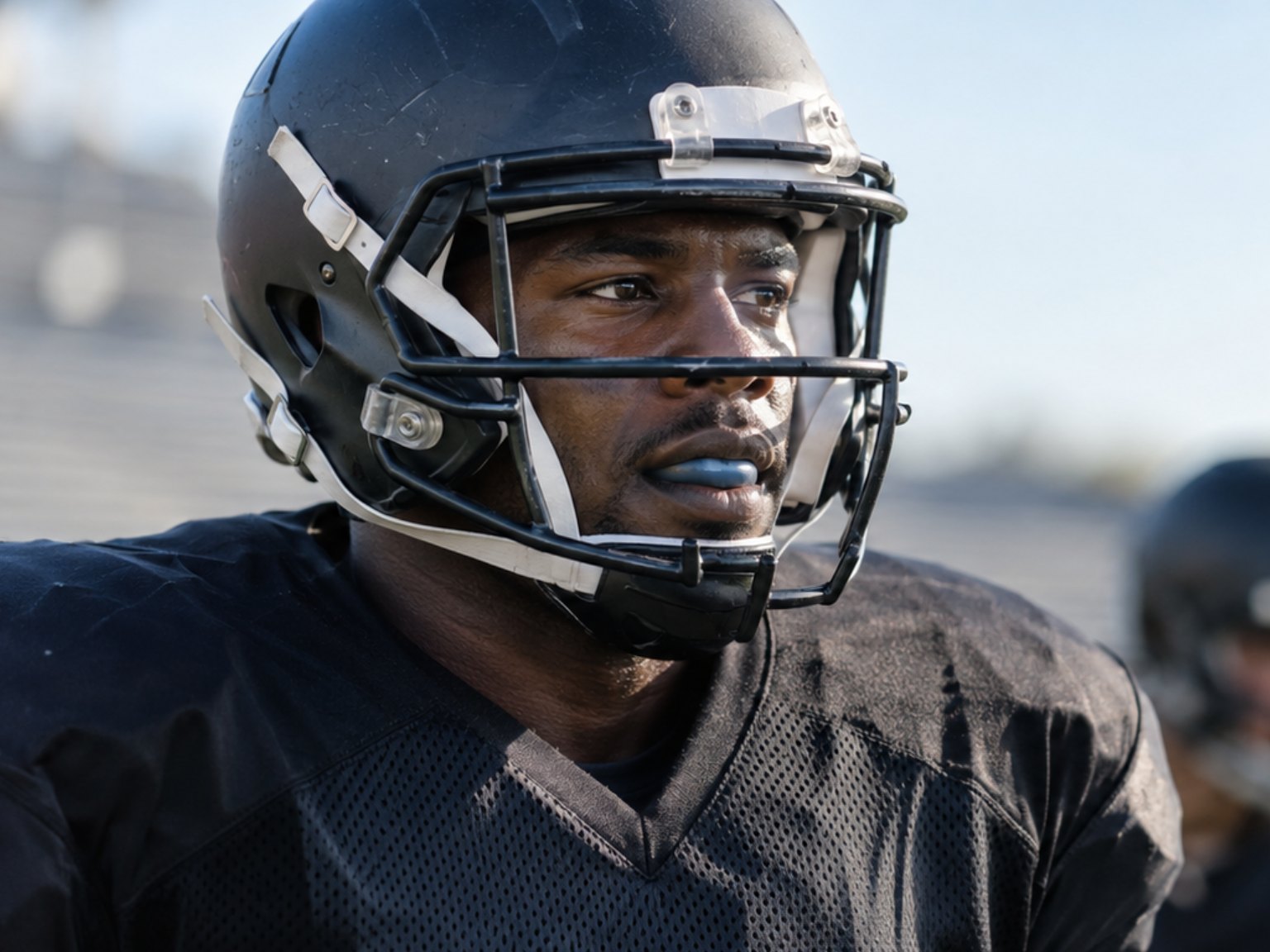 A football player in a helmet wearing a blue mouthguard