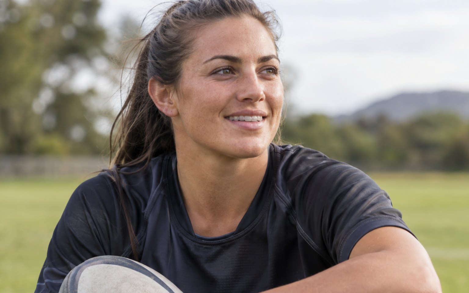 A smiling rugby player sitting on the pitch with the ball