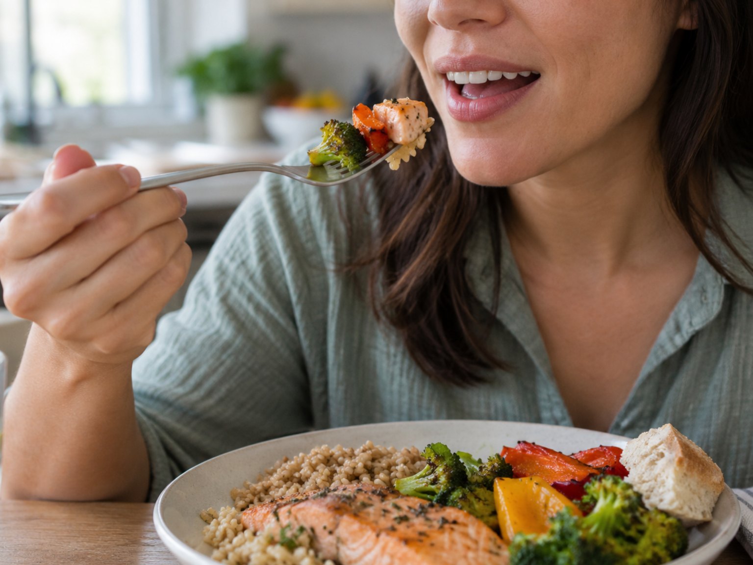 A woman taking a forkful of salmon, broccoli and peppers from a grain bowl