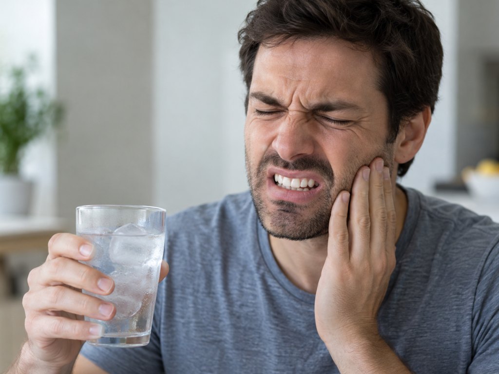 A man wincing and holding his jaw after a sip of iced water