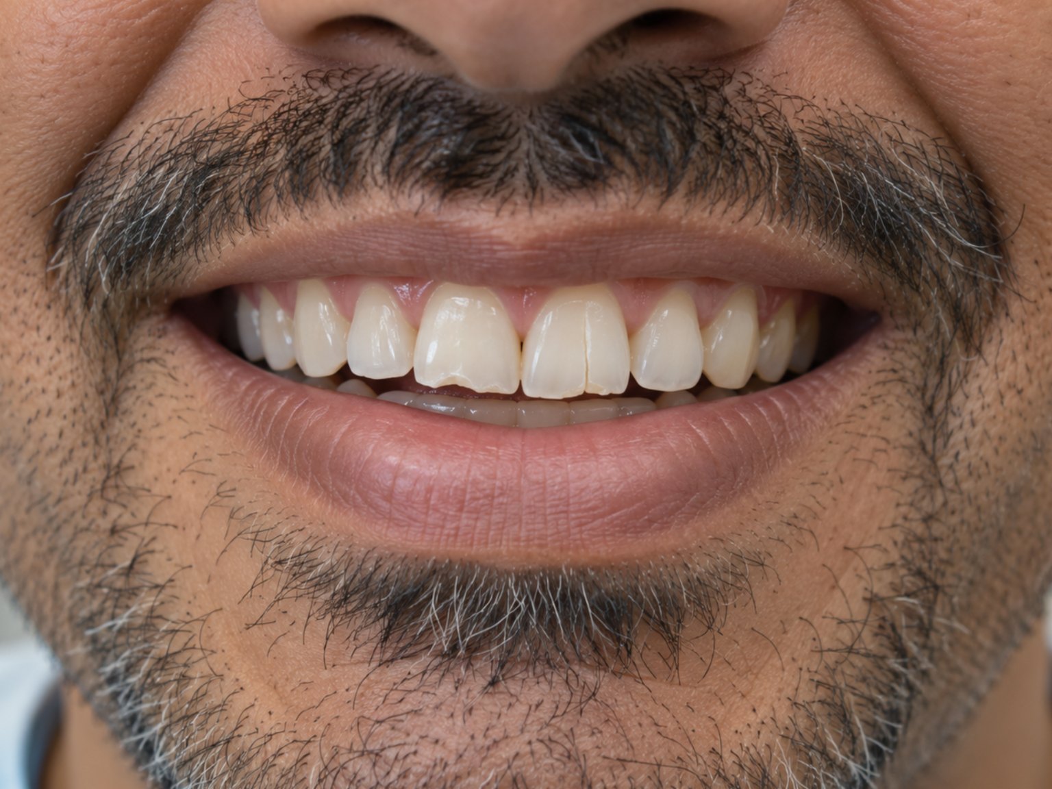 A bearded man's smile with one front tooth chipped and the other cracked