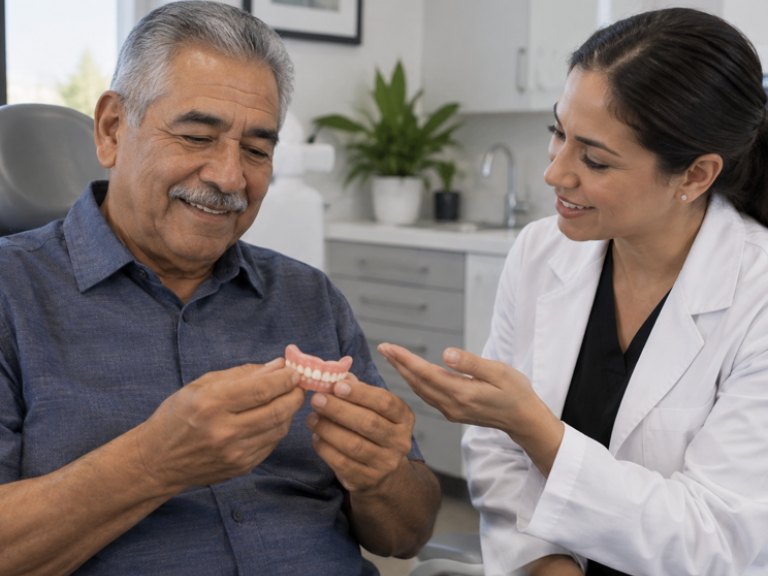 A dentist showing an older man a denture in the treatment room
