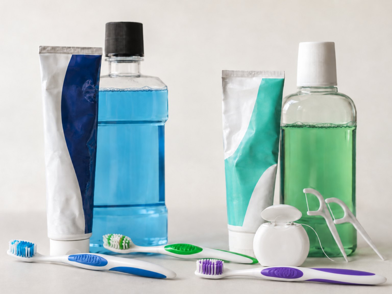 Toothpaste tubes, blue and green mouthwash, floss and toothbrushes on a counter